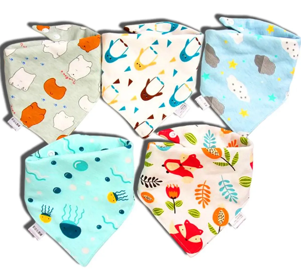 Babador para bebês, bandanas absorventes, babadores para bebês, 5 peças, animais e nuvens