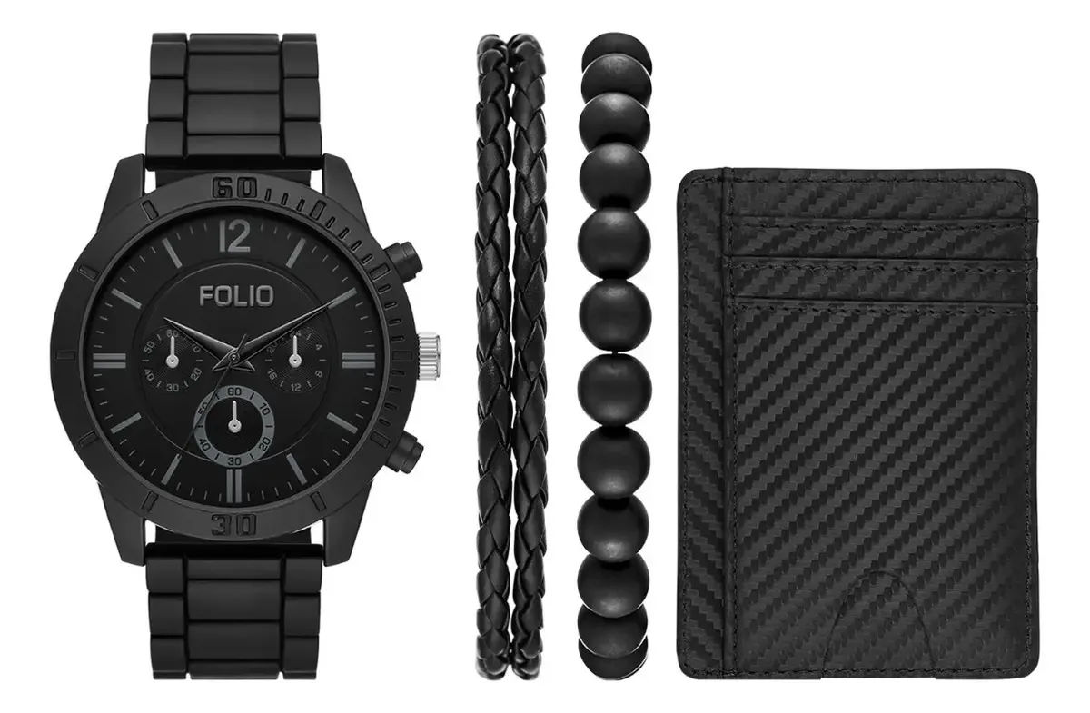 Conjunto de relógios de metal preto Folio Fmdfl6056 masculino