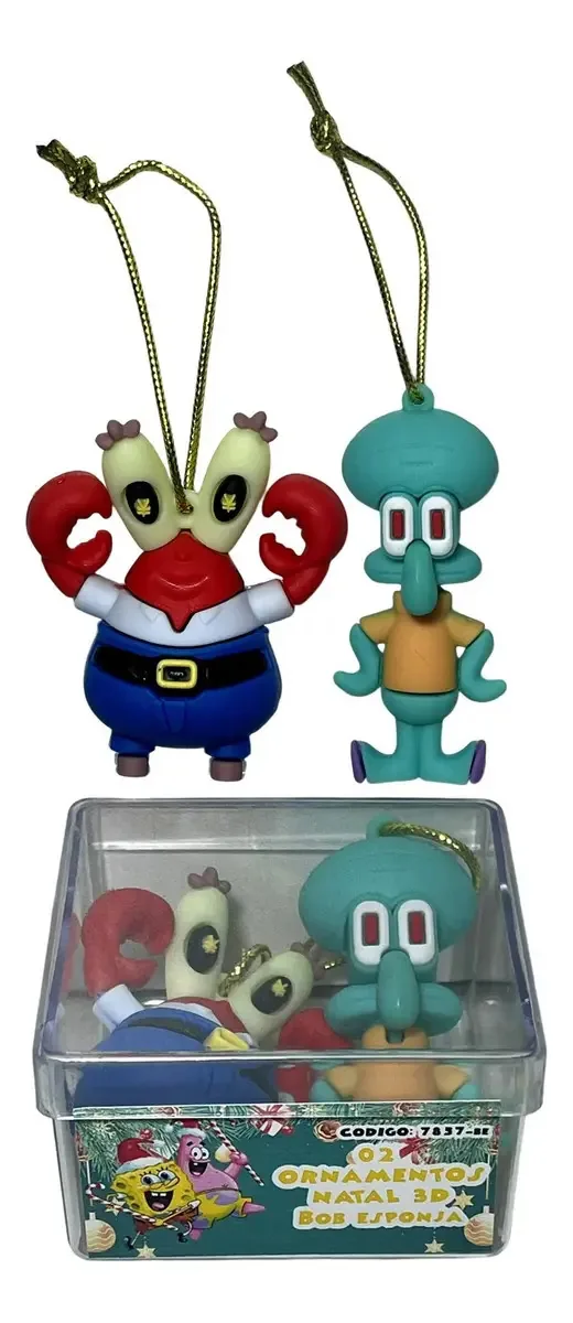 Conjunto 02 Ornamentos Enfeites Para Árvore De Natal 3d - Bonecos Personagens Desenho Lula Molusco E Seu Sirigueijo - Decoração Natalina - Turma Do Bob Esponja - Spongebob