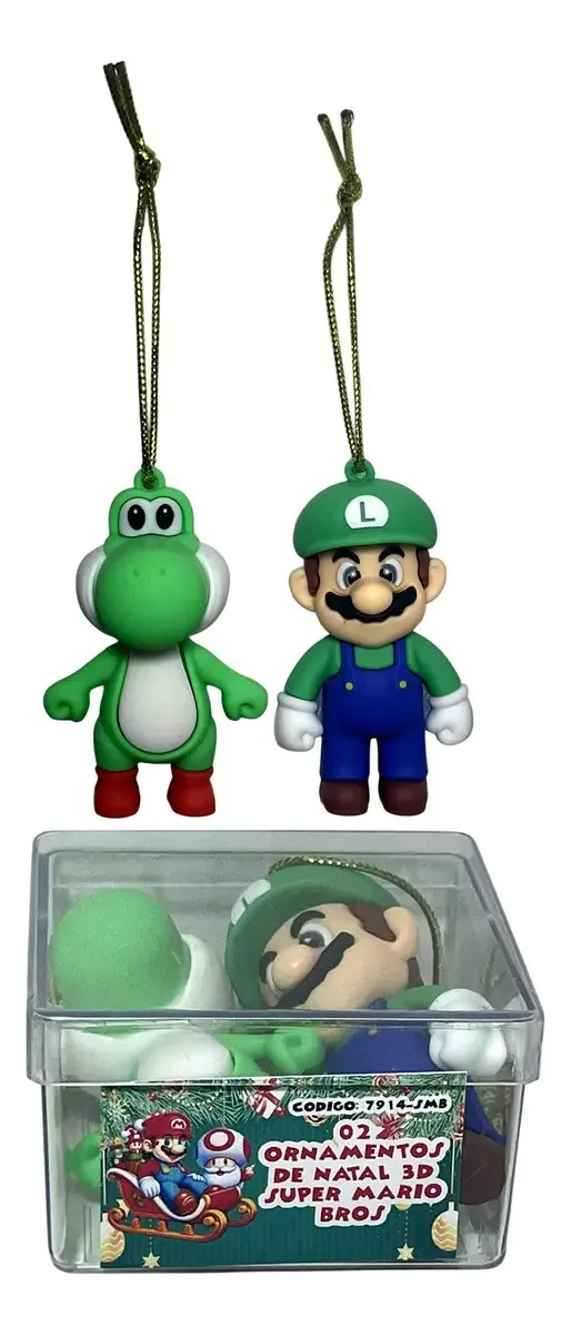 Conjunto 02 Ornamentos Enfeites Para Árvore De Natal 3d - Boneco Personagem Desenho Luigi E Dinossauro Yoshi - Decoração Natalina - Super Mario Bros