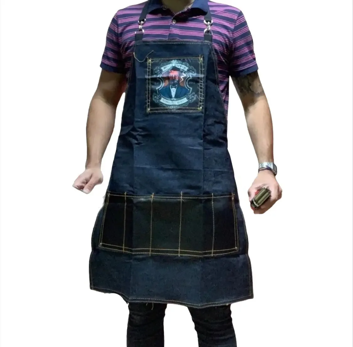 Avental Jean com bolsos Barbearia Barbearia Barbearia Cor Azul
