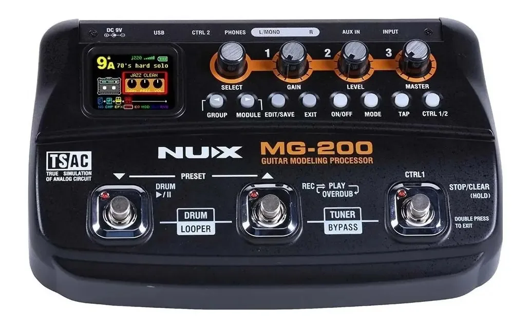 Guitarra elétrica multiefeitos com processador de pedais Nux Mg-200, cor preta
