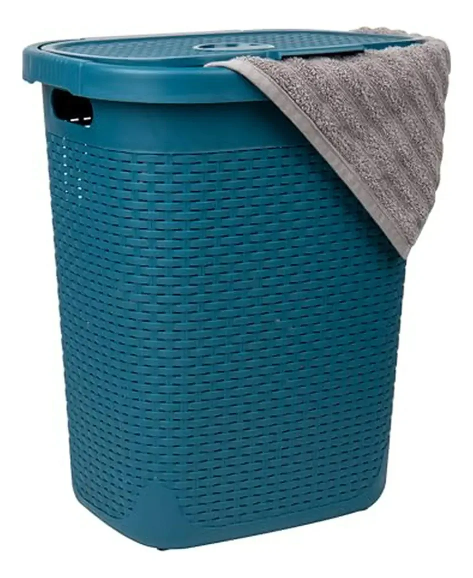 Cesto de roupa suja fino de 50 litros com tampa, design de vime, azul - 17,65