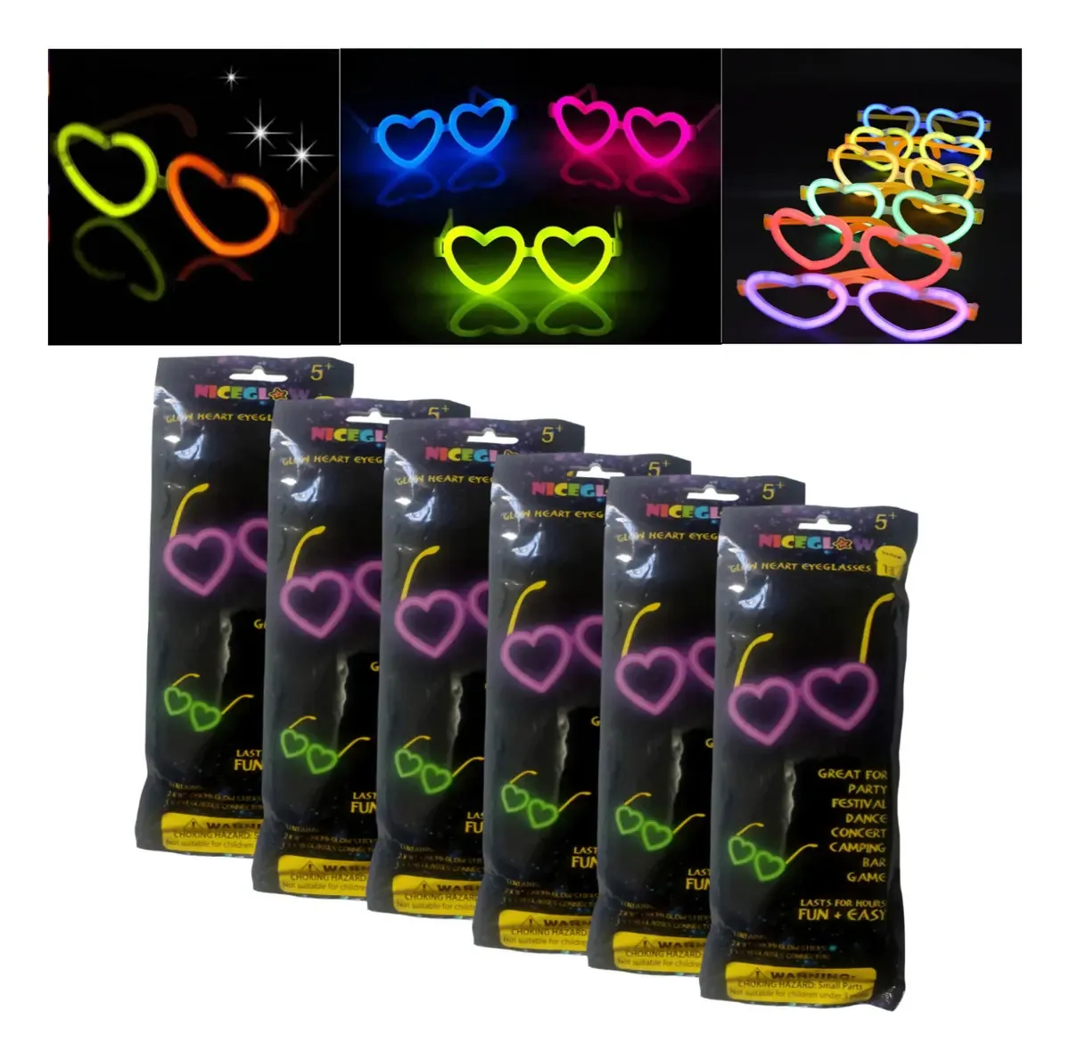 6 lentes de festa fluorescentes luminosas Neon Heart Glow