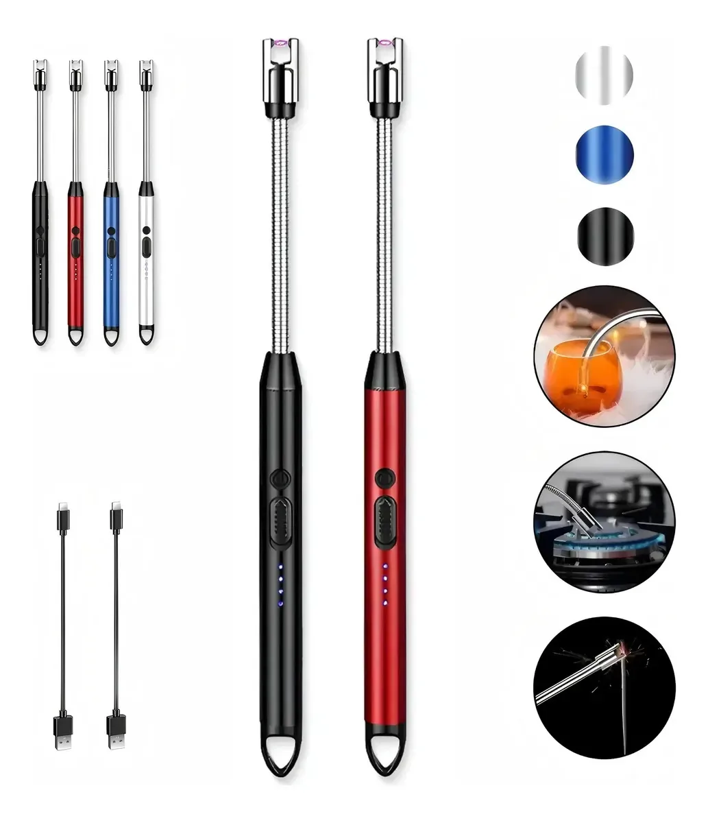2 peças de isqueiro elétrico, isqueiro de arco elétrico recarregável USB, isqueiro de arco elétrico com pescoço flexível para velas de luz, fogões a gás, churrasco de camping e turismo, preto e azul