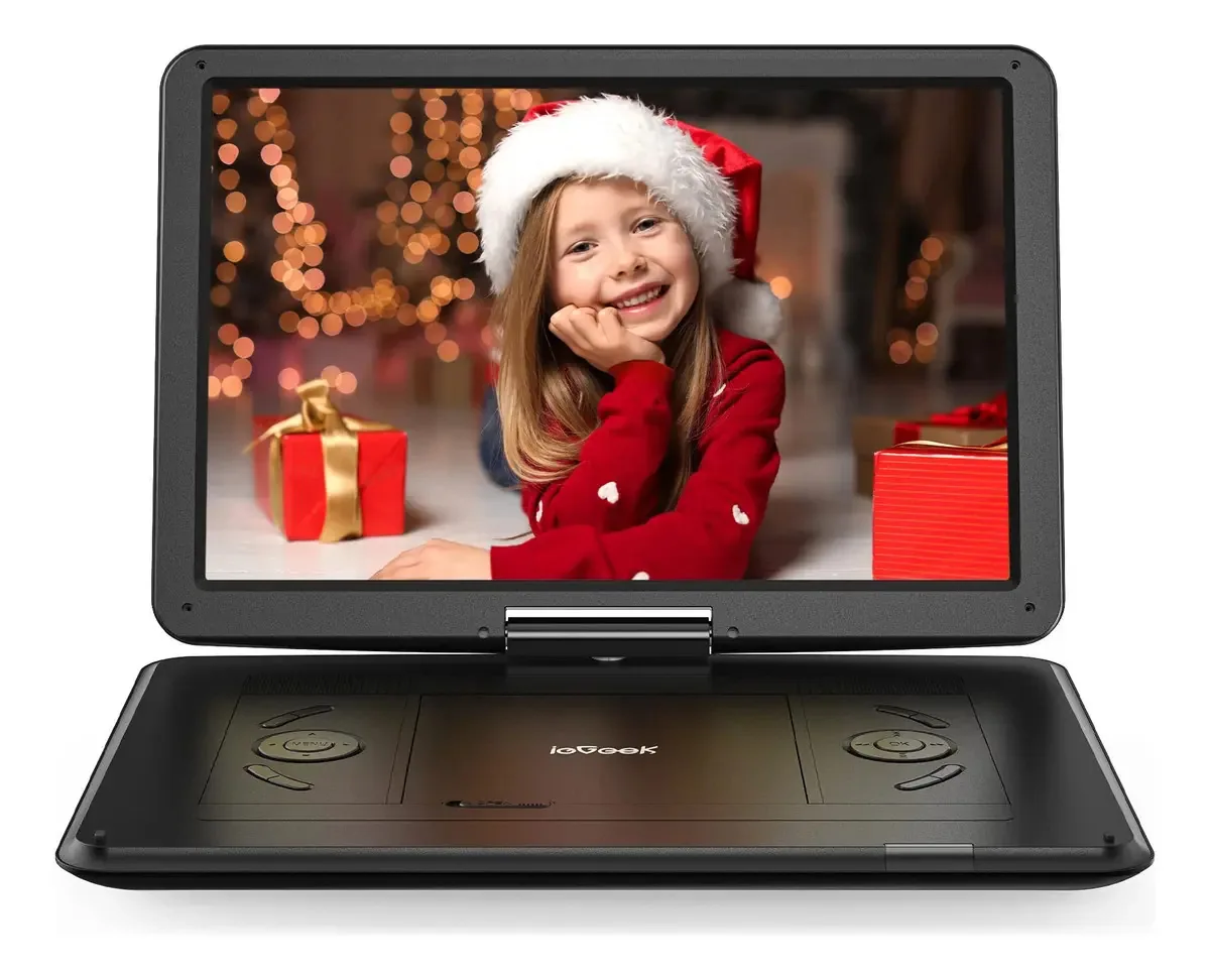 Leitor de DVD portátil Iegeek de 16,9 polegadas com tela giratória de 14,1 polegadas, bateria recarregável de 6 horas, reprodutor de DVD para viagens infantis, sincronização de TV, mais recente