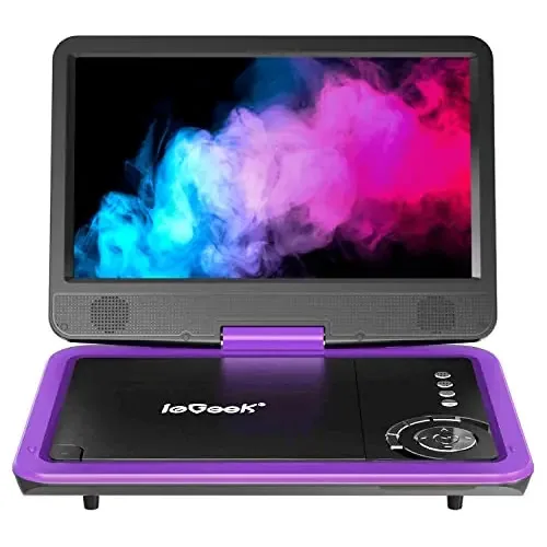 Leitor de DVD portátil Iegeek 12.5\ com bateria recarregável de 5 horas, tela giratória HD de 10,5 polegadas, suporta reprodução silenciosa de uma tecla, reprodução em loop, reprodução