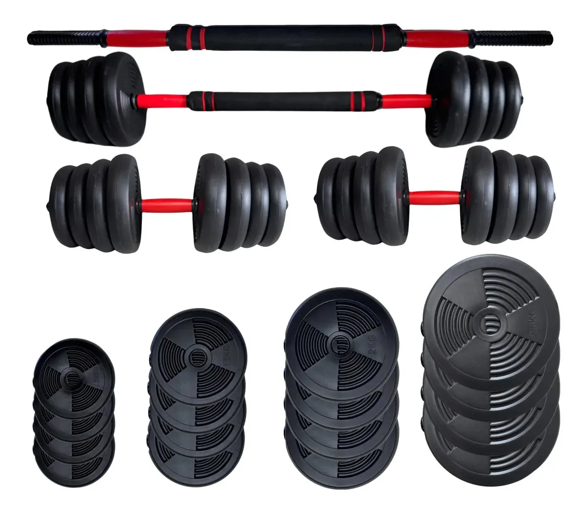 Conjunto de pesos, halteres e barras — Kit composto por 30 kg de discos de peso, 2 halteres com amortecedores de parafuso e conversor de haltere para barra — Body Skull