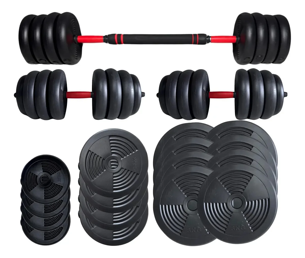 Conjunto de halteres com conversor de pesos e barras - kit composto por 40 kg de discos de peso + 2 halteres com tampa de rosca + conversor de barras - Body Skull BS-dmb-40