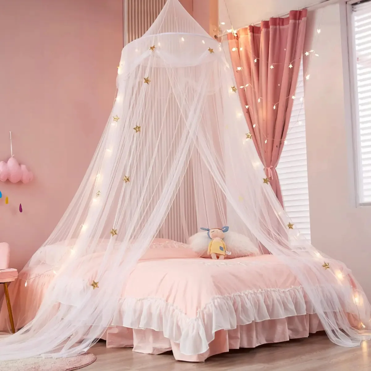 Toldo de cama Nattey com luzes para meninas, cortinas de toldo princesa, estrela dourada, mosquiteiro de cúpula extra grande, toldo de leitura para crianças, individual, duplo, cama queen-size, tecido