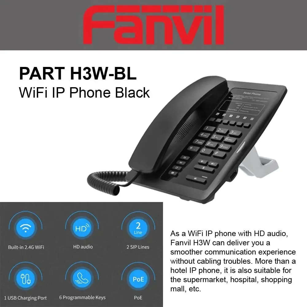 Telefone IP Wi-Fi Fanvil H3w preto USB integrado sem fio de 2,4 GHz para carregar telefone Voip de hotel/hospital (preto)