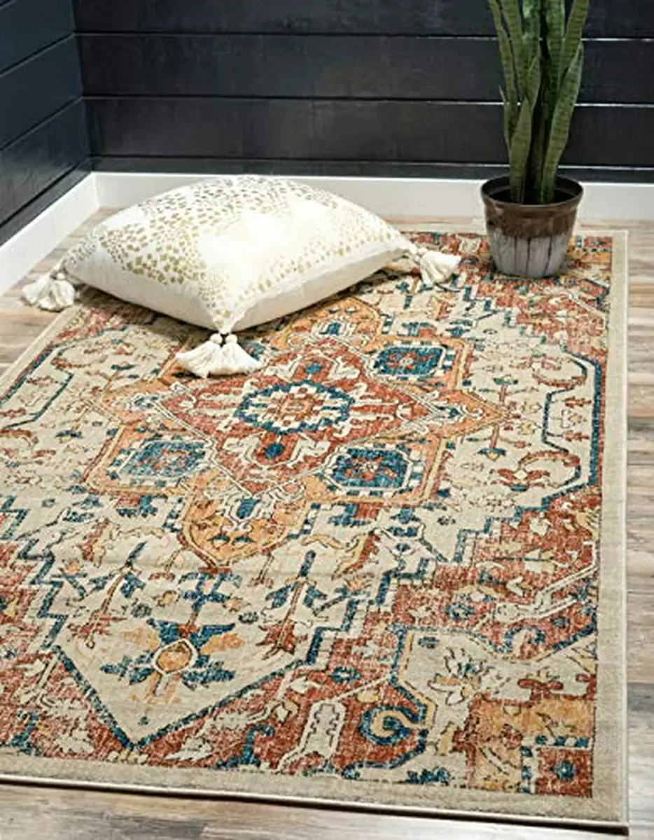 Tapete Medalhão Botânico Distress Unique Loom Bege de 5'x8'