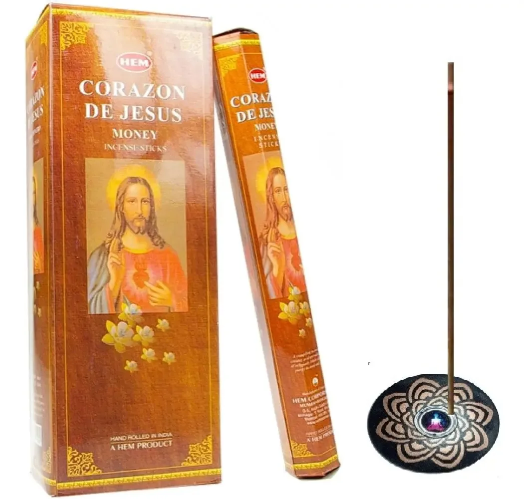 Hem 120 palitos com porta-incenso redondo de madeira Jesus Heart Fragrance