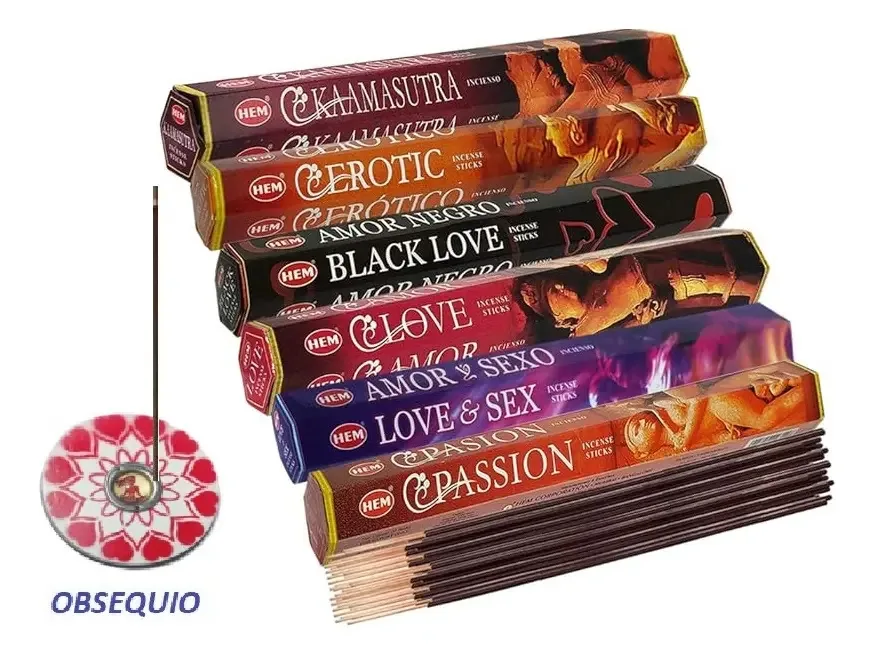 Bainha de incenso: 120 palitos com porta-incenso redondo de madeira, coleção Fragrance Love And Passion