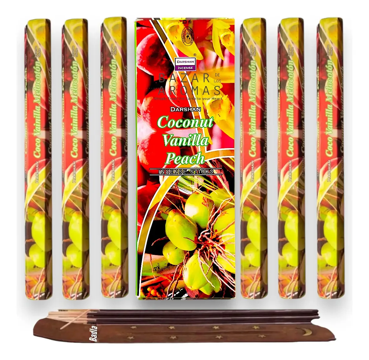 Incenso Darshan Mayoreo, 120 palitos com porta-incenso e aroma de coco, baunilha, pêssego