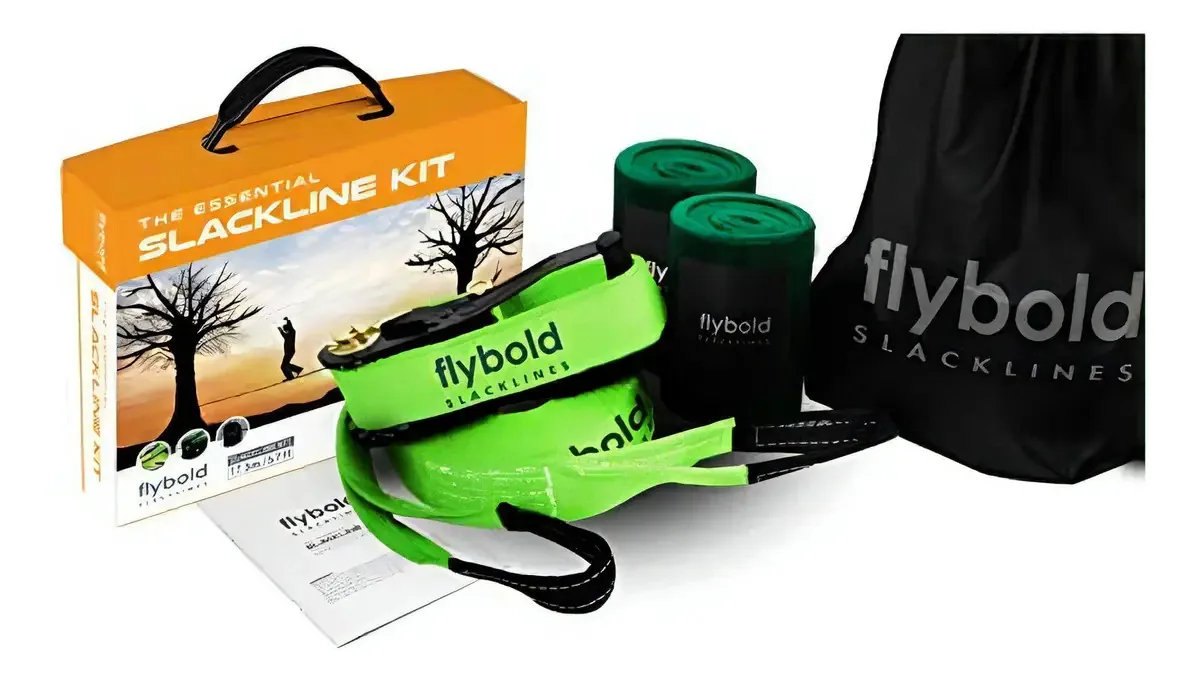 Kit Flybold Slackline com protetores de árvores, 57 pés, fácil de configurar, folheto de instruções e bolsa de transporte, jogo divertido ao ar livre para famílias, adultos, crianças e crianças