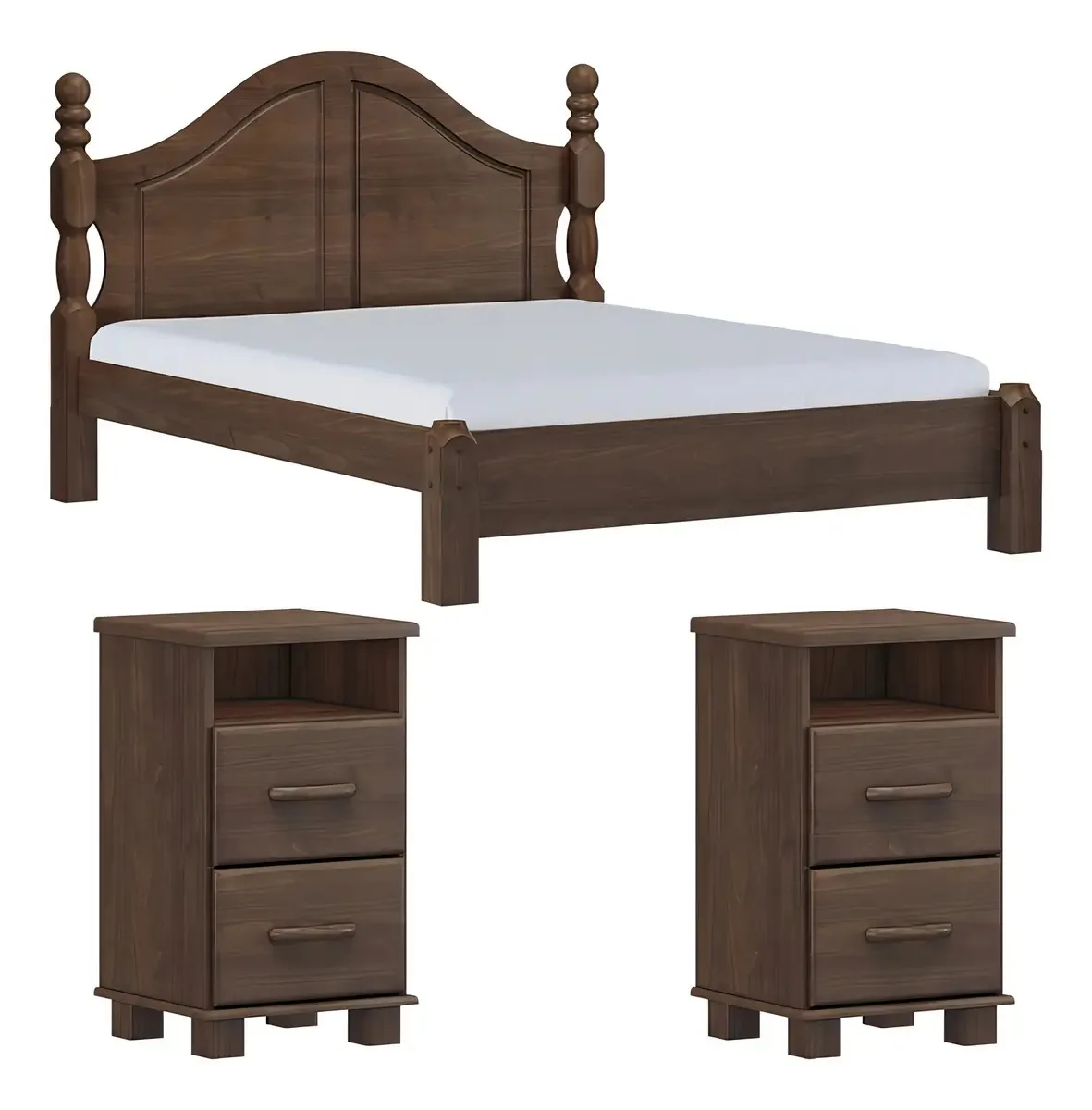 Cama Queen Madeira Maciça Milani c/ 2 Mesas Cabeceira