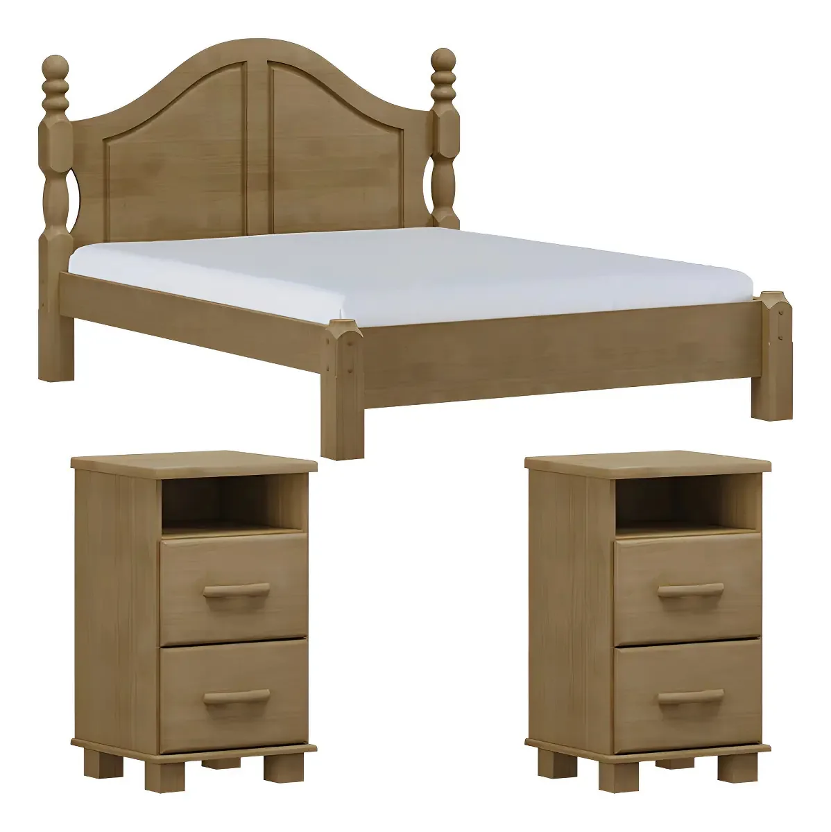 Cama Queen Tradicional Milani Madeira Maciça Marrom com 2 Mesas Cabeceira