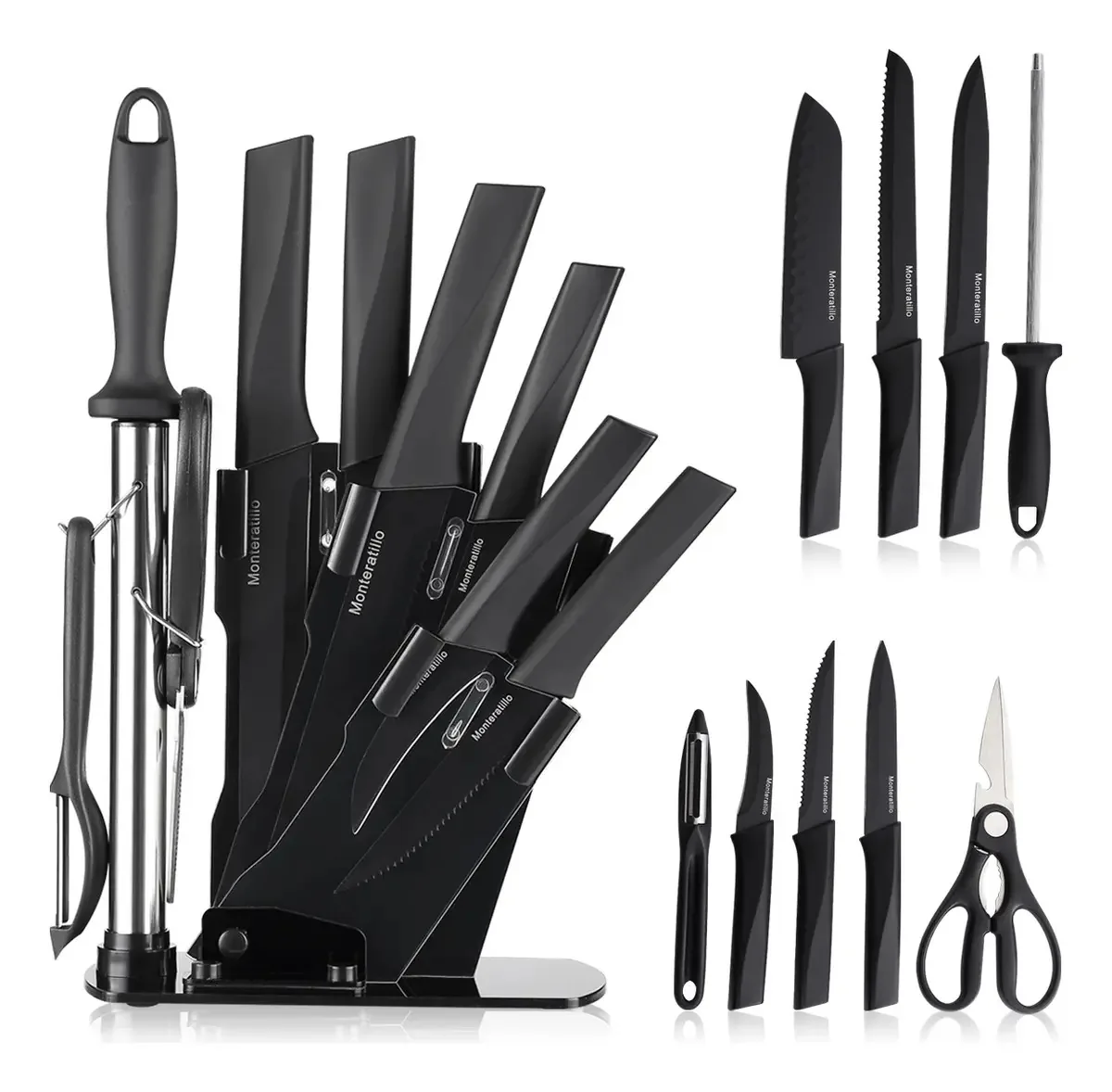 Conjunto de facas de cozinha profissional Monteratillo, conjunto de facas, conjunto de facas, conjunto preto de 10 peças