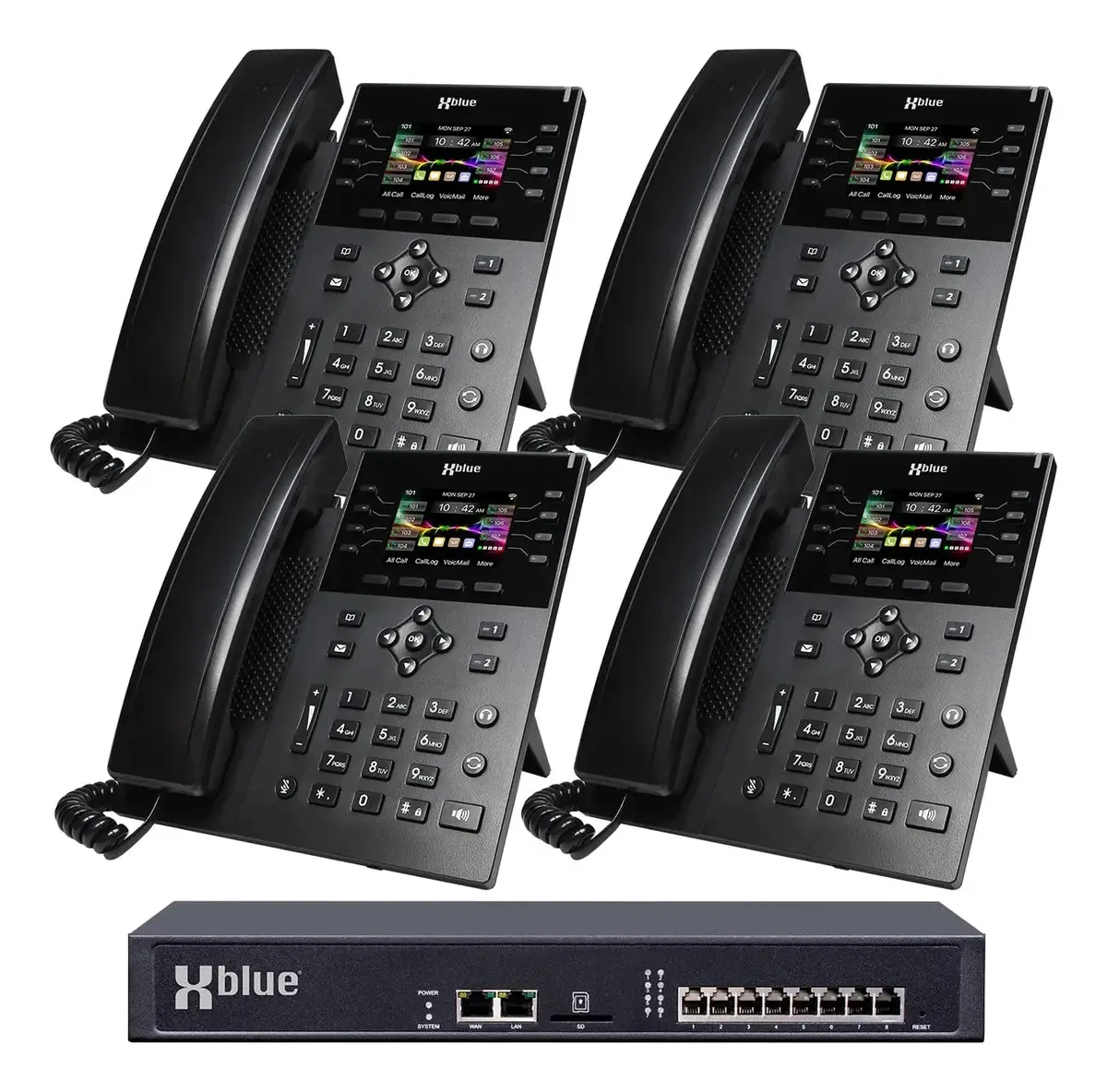 Pacote de Sistema Xblue QB2 com 4 Telefones IP IP8G, Incluindo Assistente Automático, Correio de Voz, Extensões de Telefone Móvel e Remoto e Gravação de Chamadas