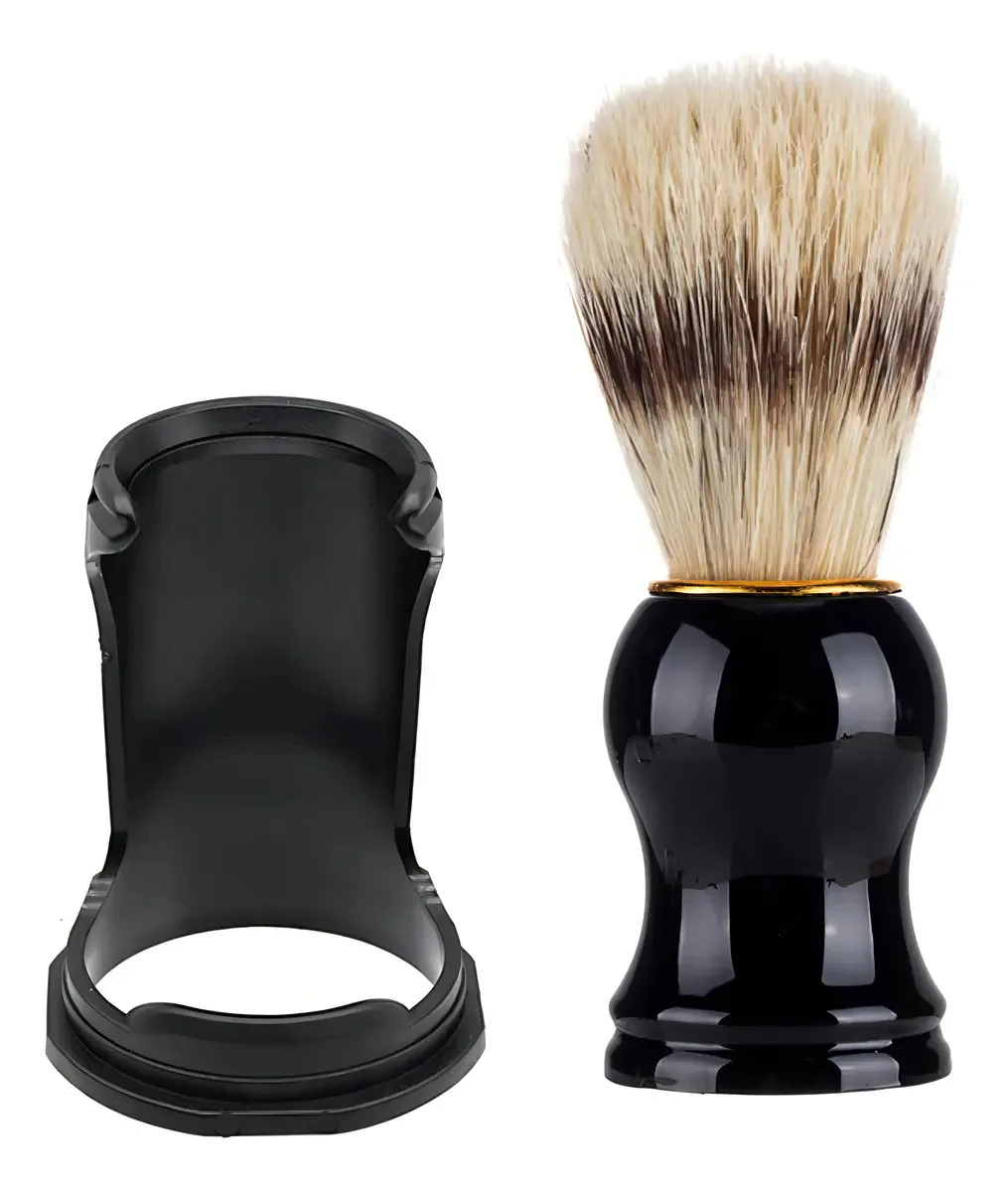 Pincel de Barba OTC Cerdas Naturais de Javali Preto P08 Anel Dourado com Suporte