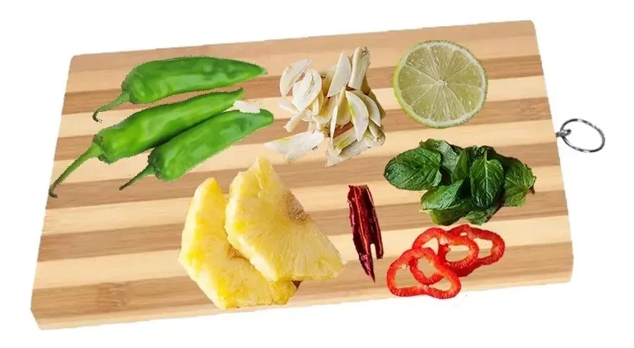 Tábua de cortar, madeira de bambu, frutas e vegetais, alimentos