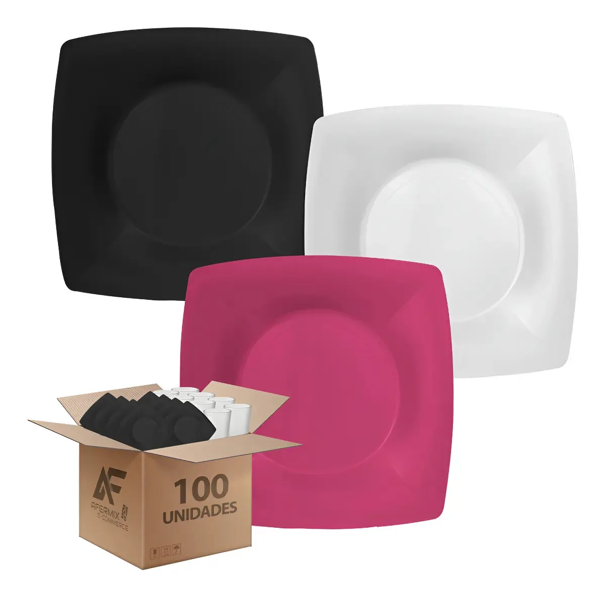 Kit 100 Pratos Plásticos AferMix Quadrados Pretos + 100 Copos Policarbonato