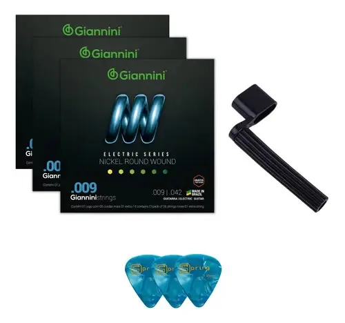 3 Jogos Corda Guitarra Giannini 009 Completo + Palhetas