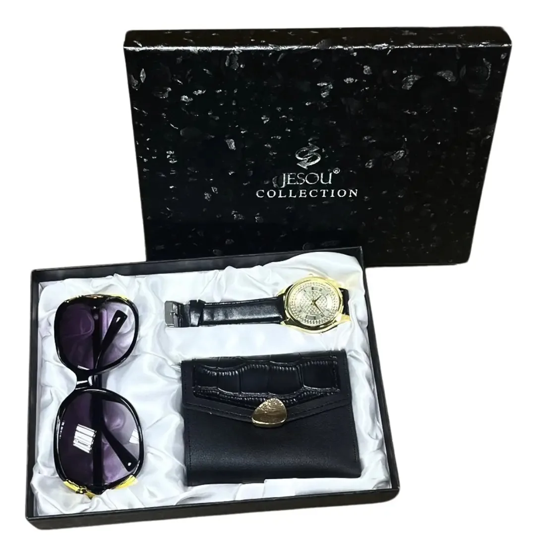 Pack Dama Wallet, relógio e lentes E-027, cor preta