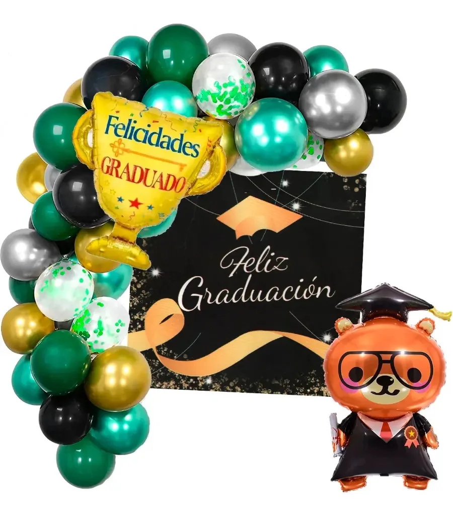 Buquê, balões, formatura, decoração de festa em preto e verde