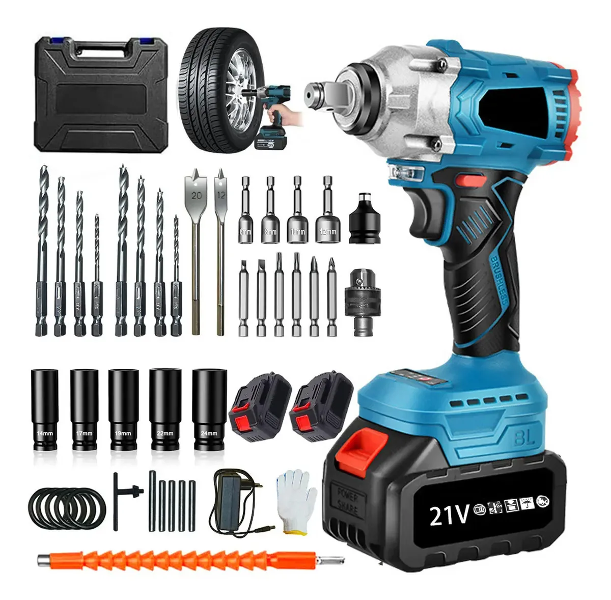 Conjunto de chaves de impacto sem fio, pistola de impacto sem escova, 350 nm, 2 baterias e 1 carregador, 28 peças, com acessórios e caixa de ferramentas, usado para reparos automotivos e automotivos