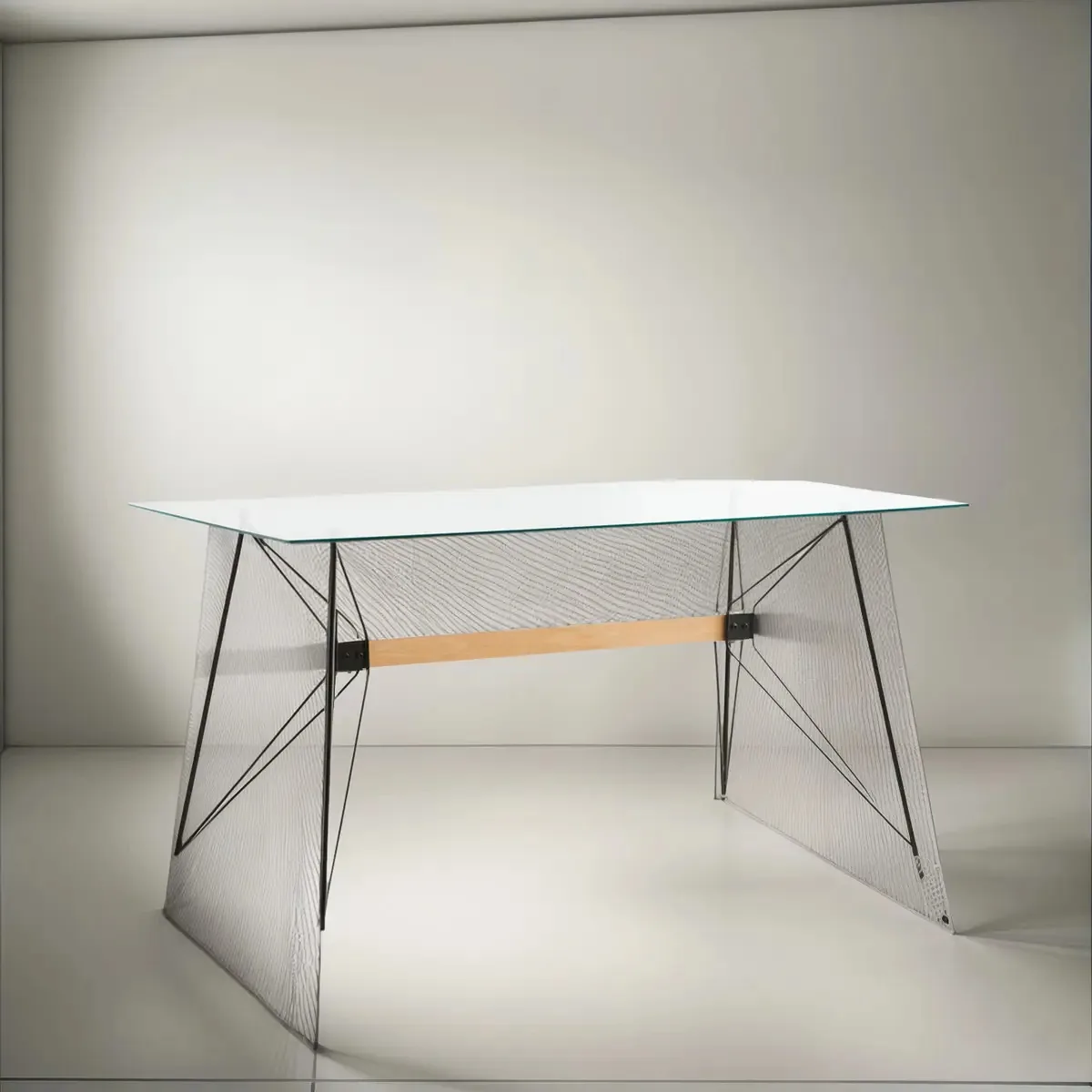 Mesa Irvine de 160x80cm de vidro com estrutura e pernas de ferro, tampa transparente, pernas pretas