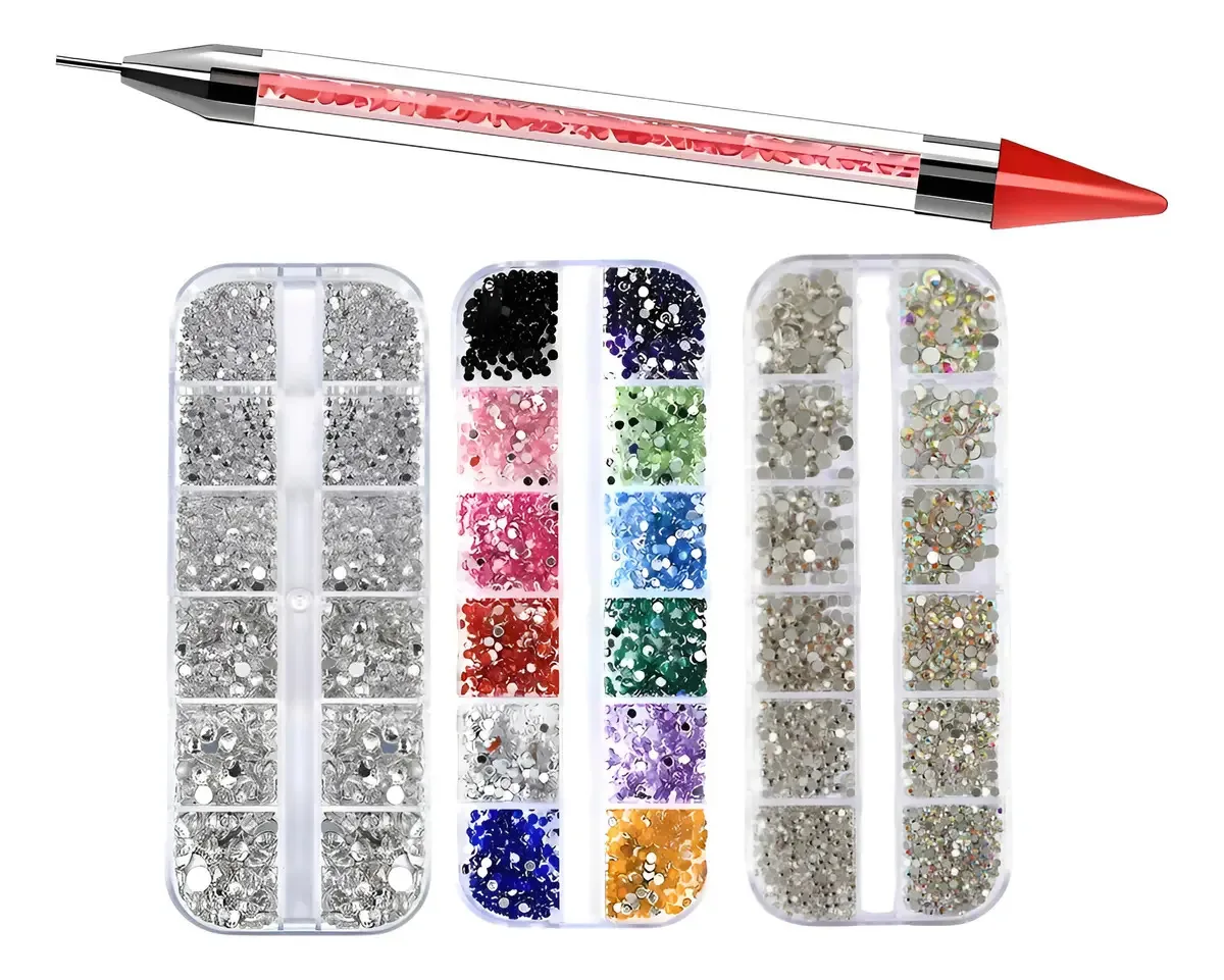 Kit 3 Estojo Strass Furta Cor Prata Colorido + Caneta Strass Colorido