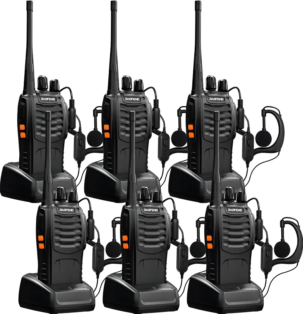 6 walkie-talkies pretos Baofeng — Walkie-talkies bidirecionais sem usar as mãos de longo alcance, incluindo fone de ouvido e microfone, bem como carregador e instruções.