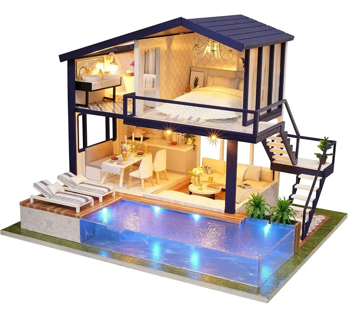 Casa de cozinha DIY em miniatura, com móveis e piscina