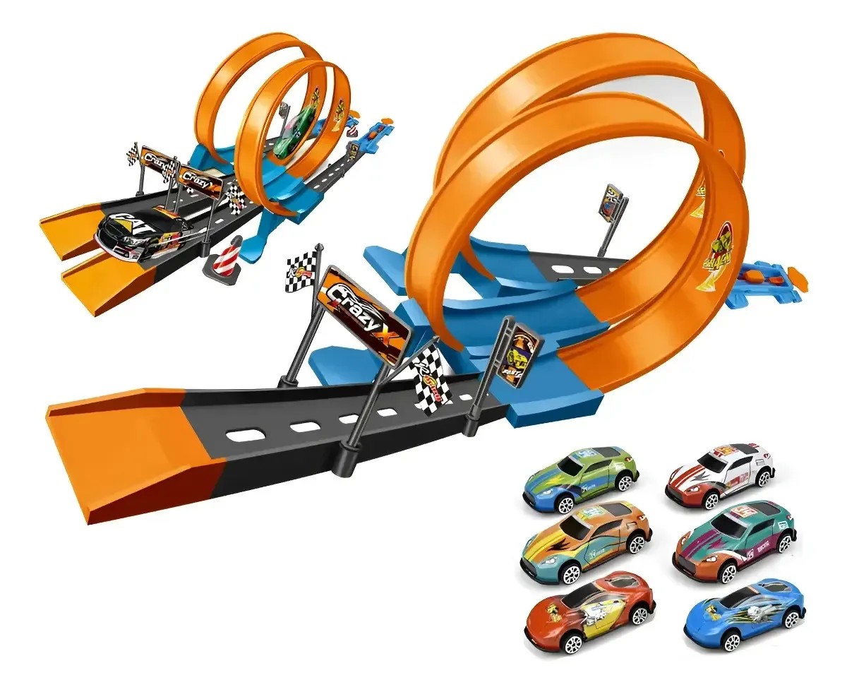 Brinquedo Car Track com 6 modelos de carros esportivos azuis