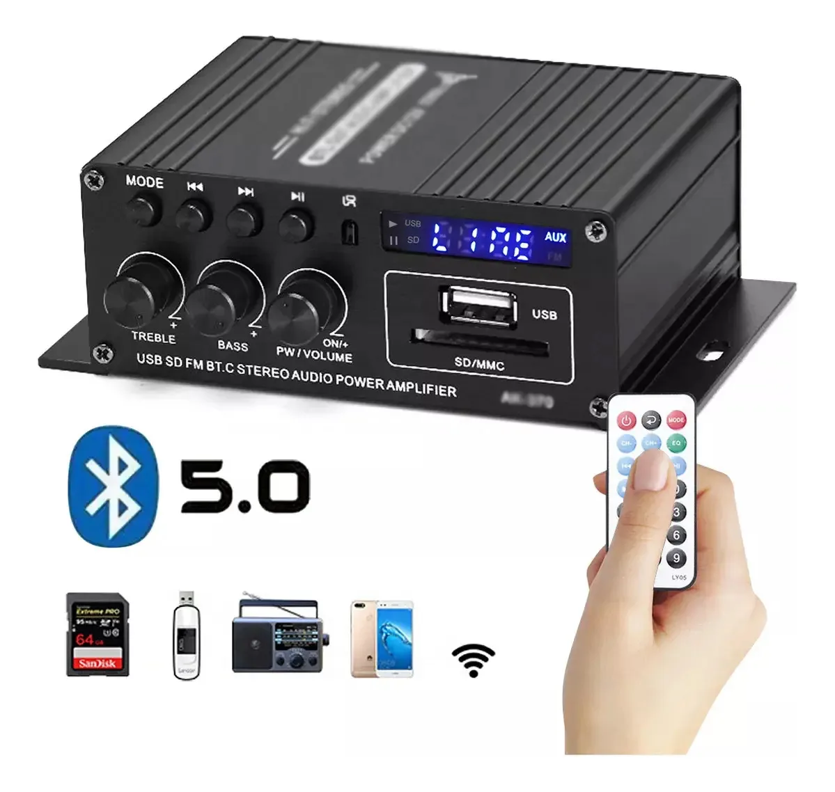 Amplificador Bluetooth de áudio doméstico e automotivo