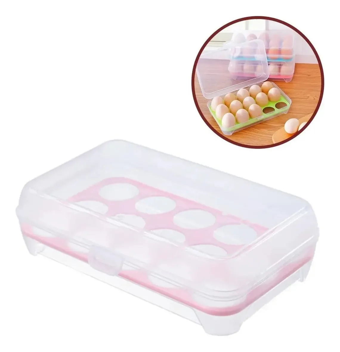 Recipiente de plástico empilhável para ovos com tampa para 15 ovos rosa