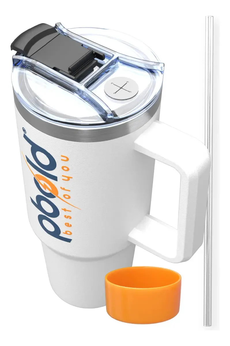 Copo térmico térmico para esportes, garrafa de água de café quente, aço inoxidável, 40 onças, esportes, academia, academia, fitness, escritório, viagens, protetor magro, silicone, branco