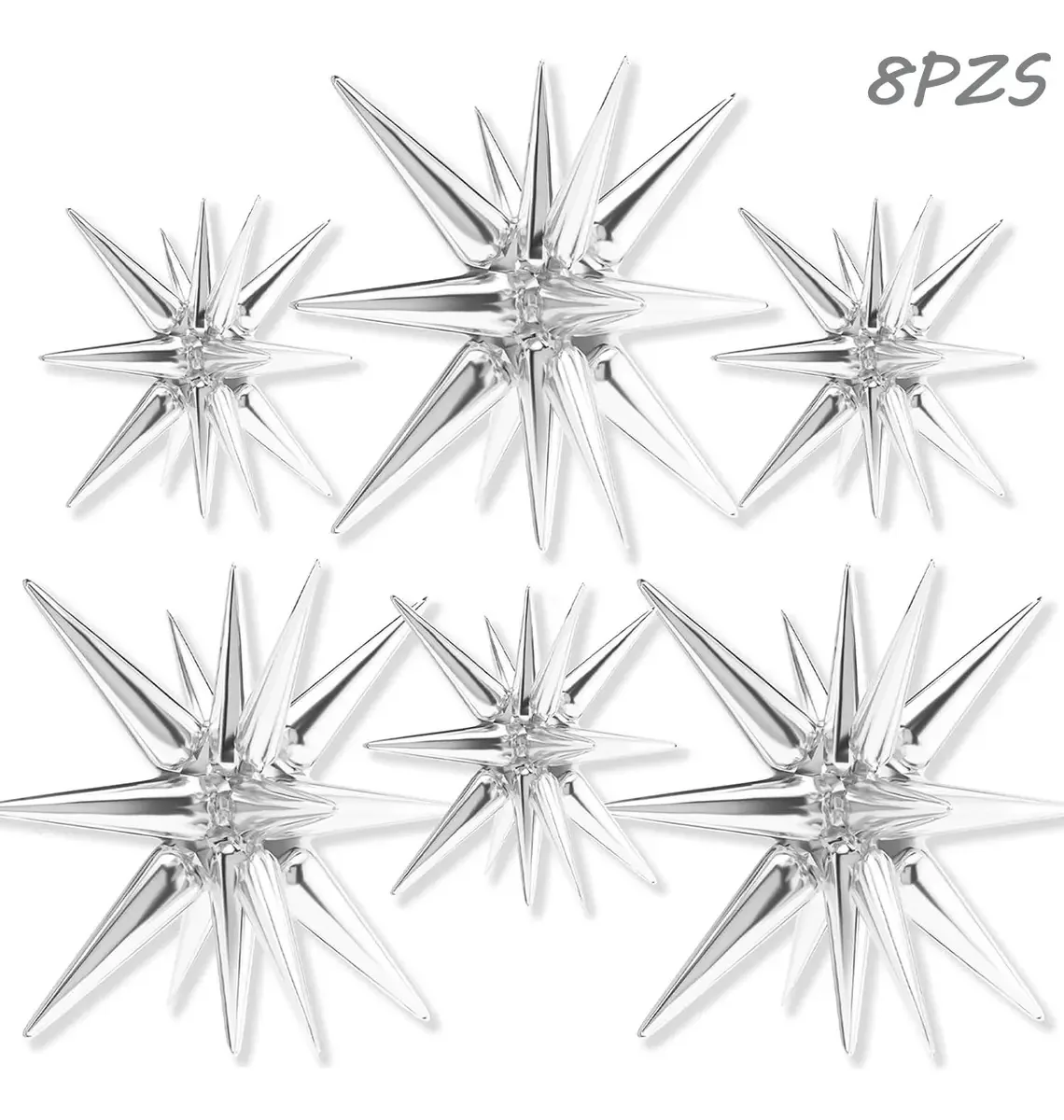 Balões Picos 3D Metallic Silver Star, 22 polegadas e 8 unidades
