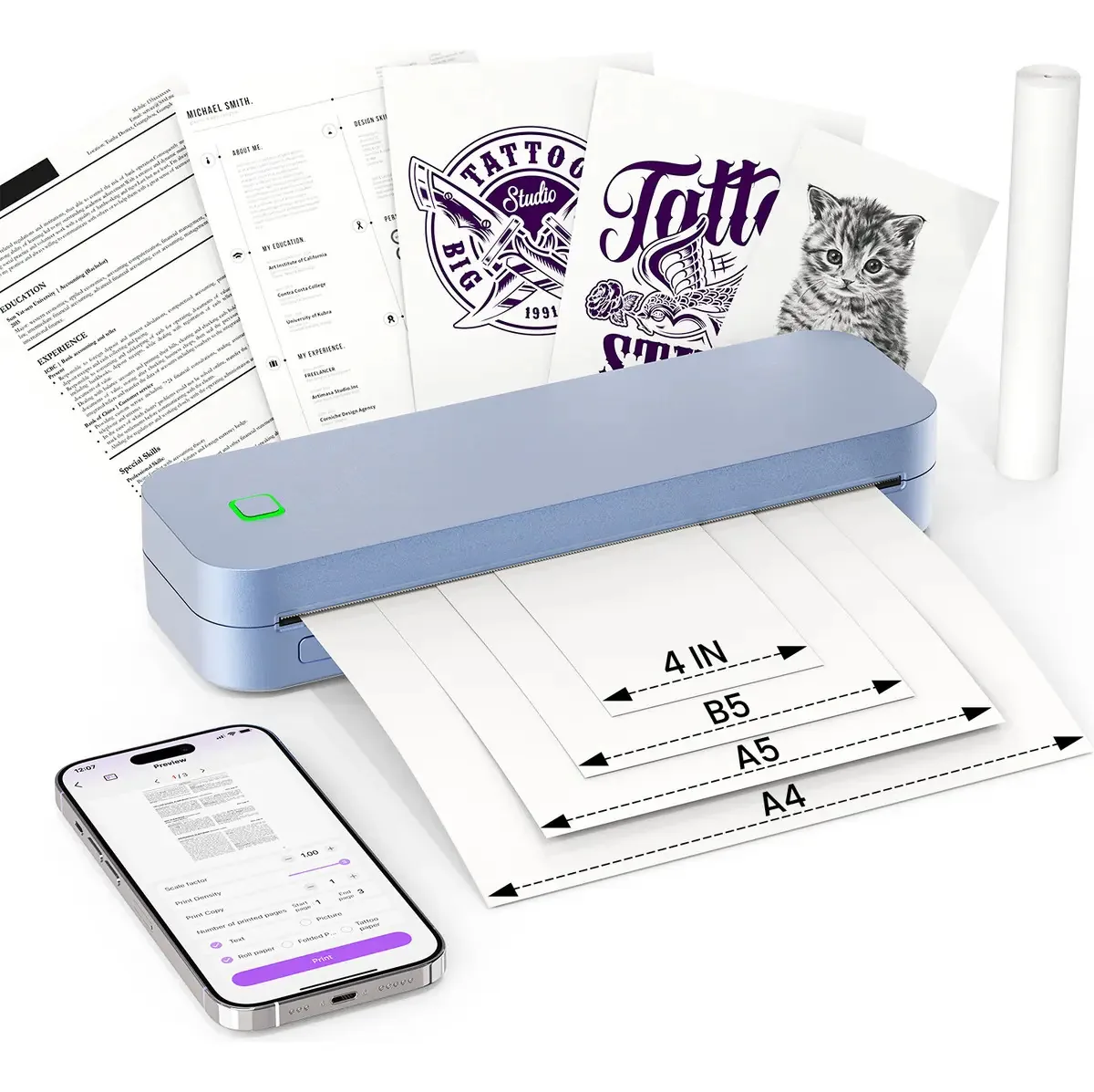 Impressora Termica De Portatil Para Decalque Tatuagem,bluetooth A4 Com App,impressora Portátil Sem Fio Profissional Com Bateria De 2600mah,compatível Com Viagens, Escritório, Escola E Casa