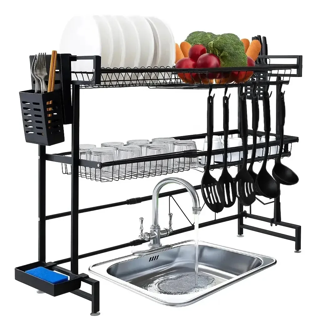 Escorredor de Louça Suspenso Aço Inox 2 Andares 65cm com Porta Copos e Talheres