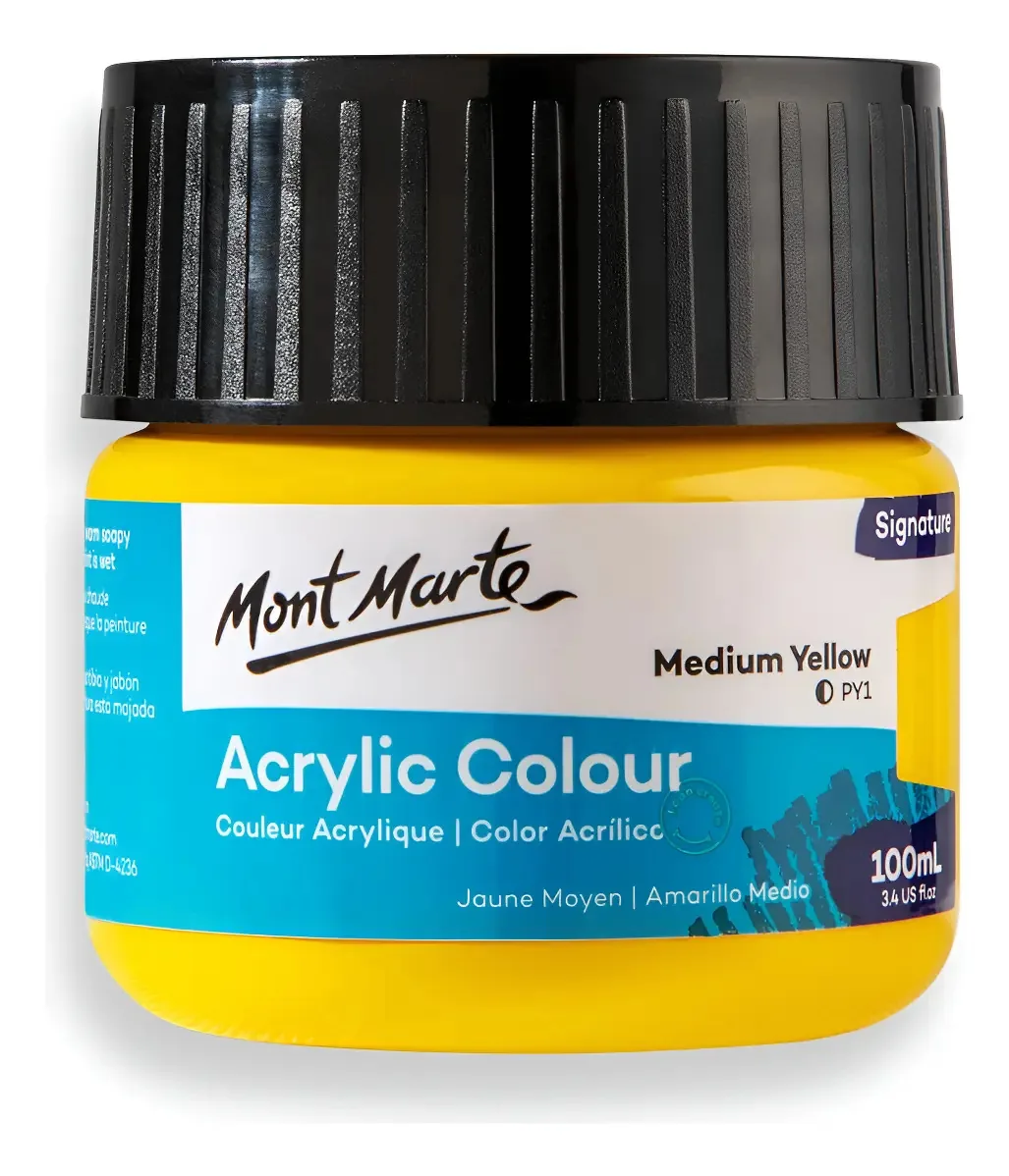 Tintas acrílicas Mont Marte, cores, pote amarelo médio de 100 ml
