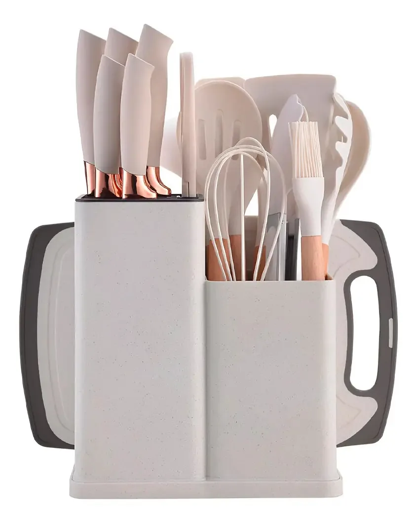 Conjunto de kit de utensílios de cozinha, mesa, facas, silicone, 19 peças, branco, cinza