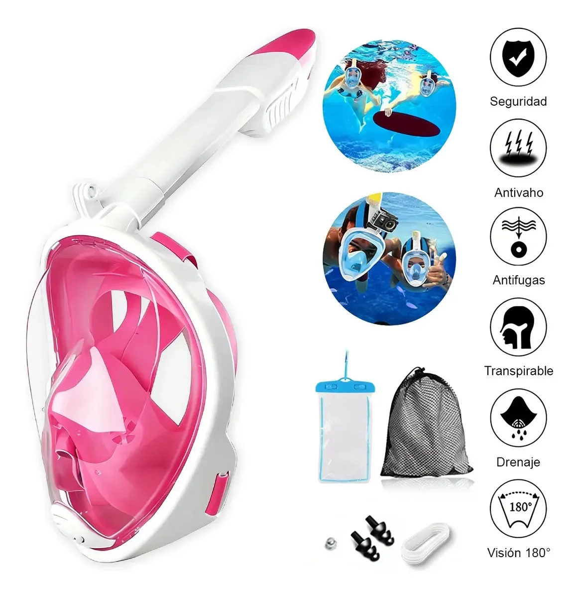 Máscara de snorkel, viseiras de mergulho, lentes de 180° com adaptador rosa L/XL