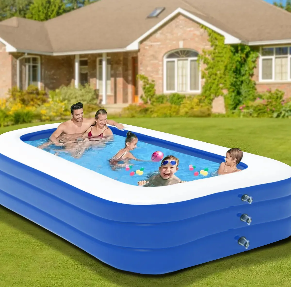 Piscina Inflável Infantil Retangular Com Armazenamento Prático Azul-escuro