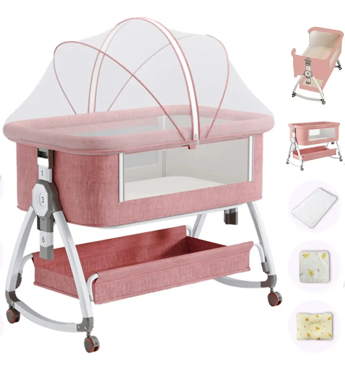Berço Moisés Cercado Balanço Bebê Mosquiteiro Colchão Cor Rosa Design Como Mostrado