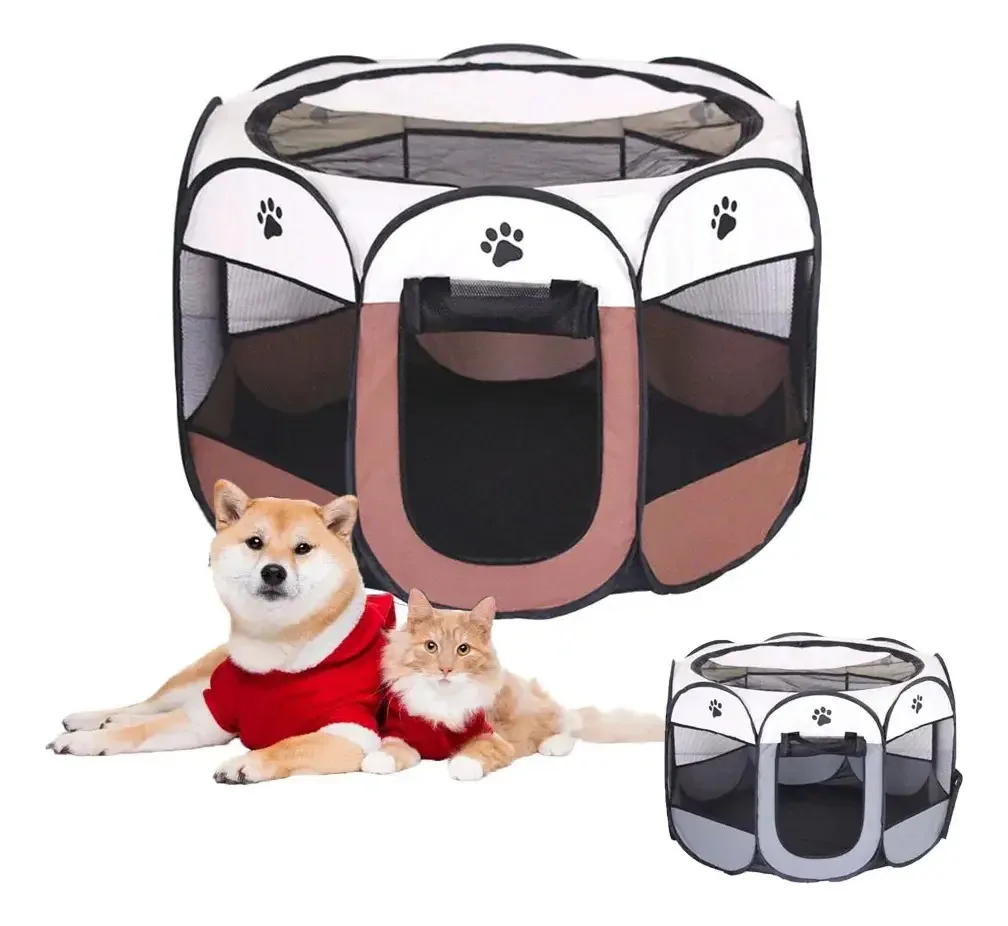 Cerca dobrável para animais de estimação - Cerca portátil de tamanho médio para animais de estimação - Cerca interna e externa para animais de estimação - Tenda para cães, gatos e coelhos (marrom)