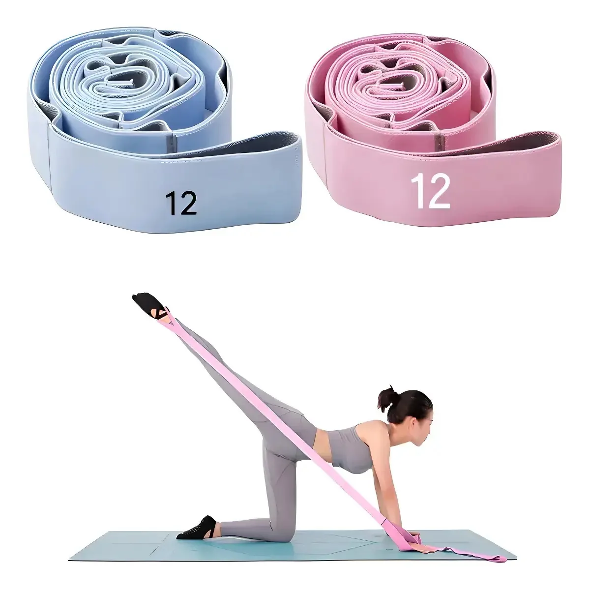 2 faixas de resistência de 1,4 m: faixas elásticas de ioga com presilhas com 12 grades, faixas de exercícios ajustáveis para exercícios de Pilates, disponíveis em duas cores