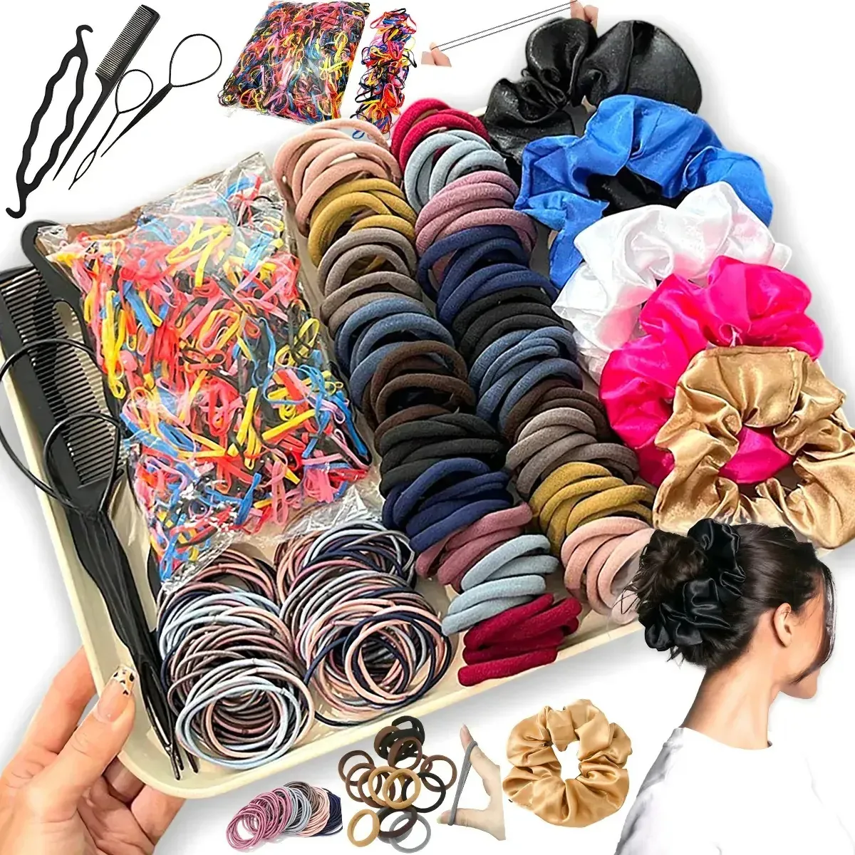 1209 peças de laços de cabelo elásticos, rosquinhas para cabelos femininos, elásticos de cabelo sem costura, laços de cabelo de algodão para tranças, acessórios de cabelo para meninas e mulheres